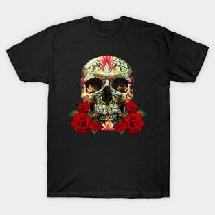 Colorful Day Of The Dead Sugar Skull Red Roses T-Shirt